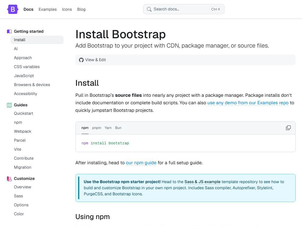 Stránka dokumentace Bootstrapu 6.0 s nadpisem Install Bootstrap, levým menu oddílů a ukázkou příkazu npm install bootstrap
