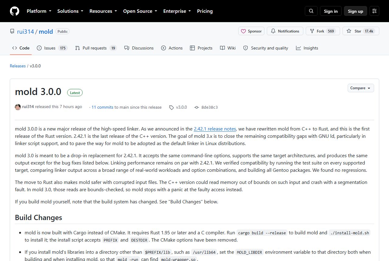 Stránka vydání mold 3.0.0 na GitHubu