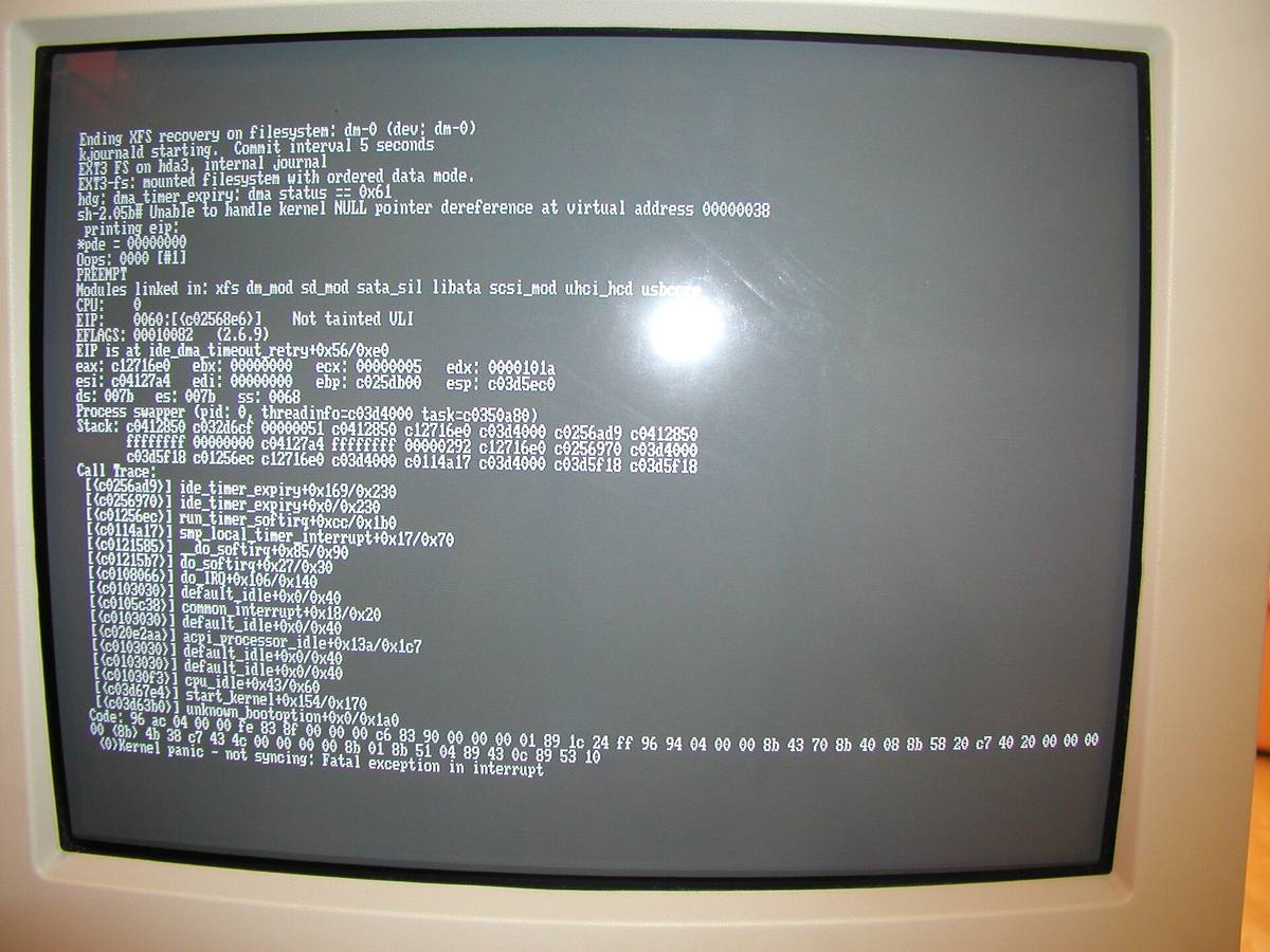 Výpis havárie jádra Linuxu na obrazovce CRT monitoru