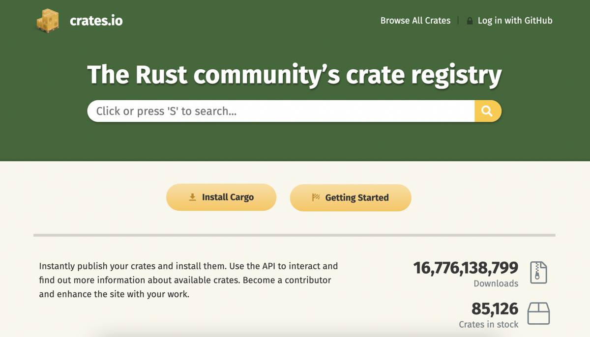 Titulní strana registru crates.io s tlačítkem pro přihlášení přes GitHub