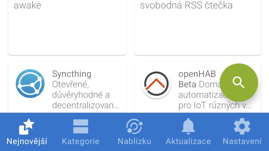Dolní lišta aplikace F-Droid s pěti záložkami