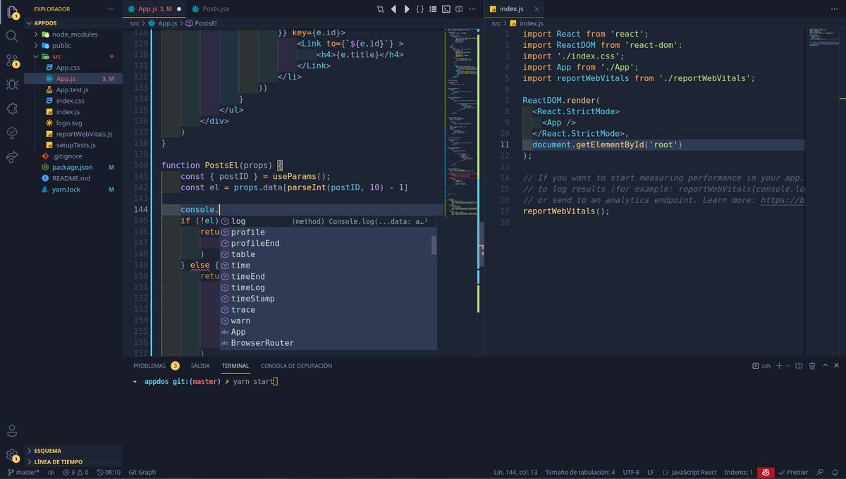 Okno editoru Visual Studio Code s otevřeným projektem a vysunutou nabídkou našeptávání