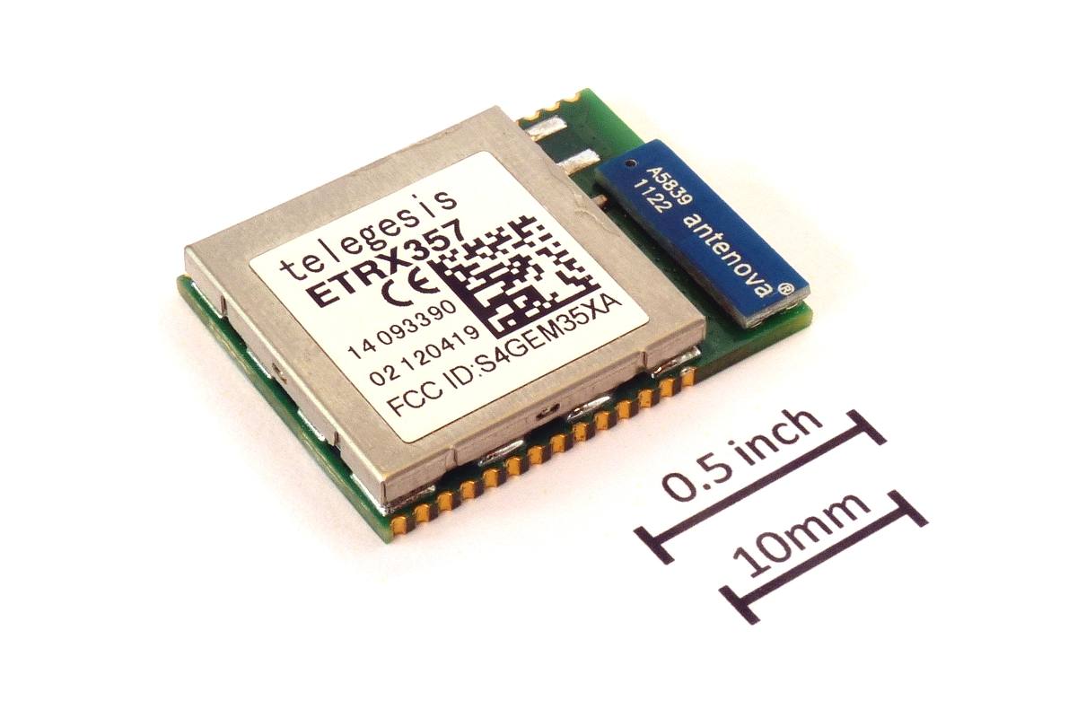 Zigbee modul ETRX357 s čipovou anténou a měřítkem 10 mm