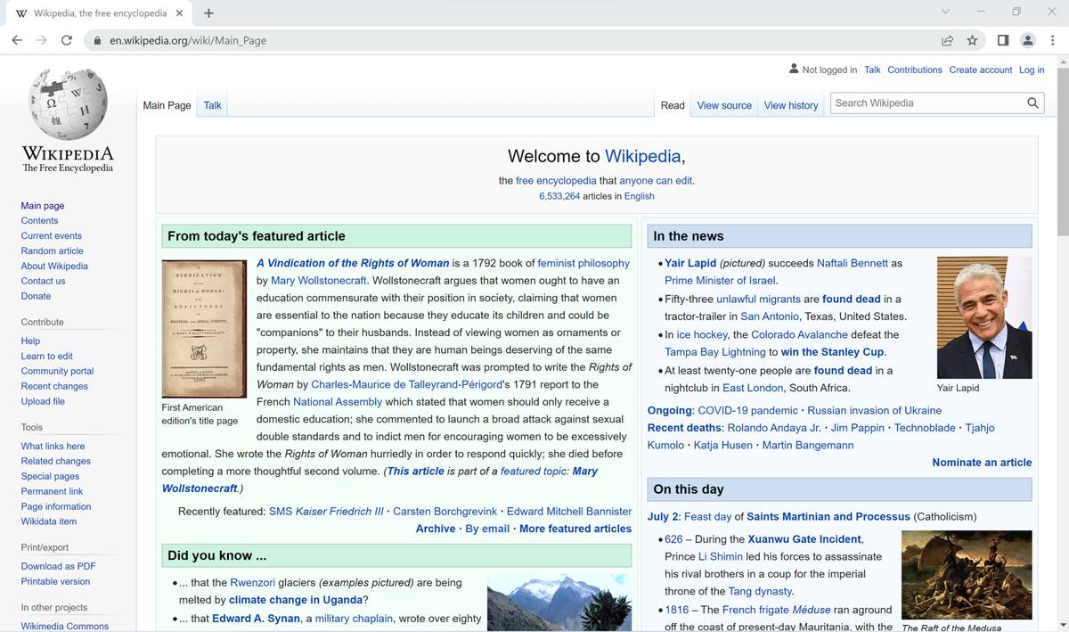 Okno prohlížeče Google Chrome na Windows 11 s hlavní stranou anglické Wikipedie